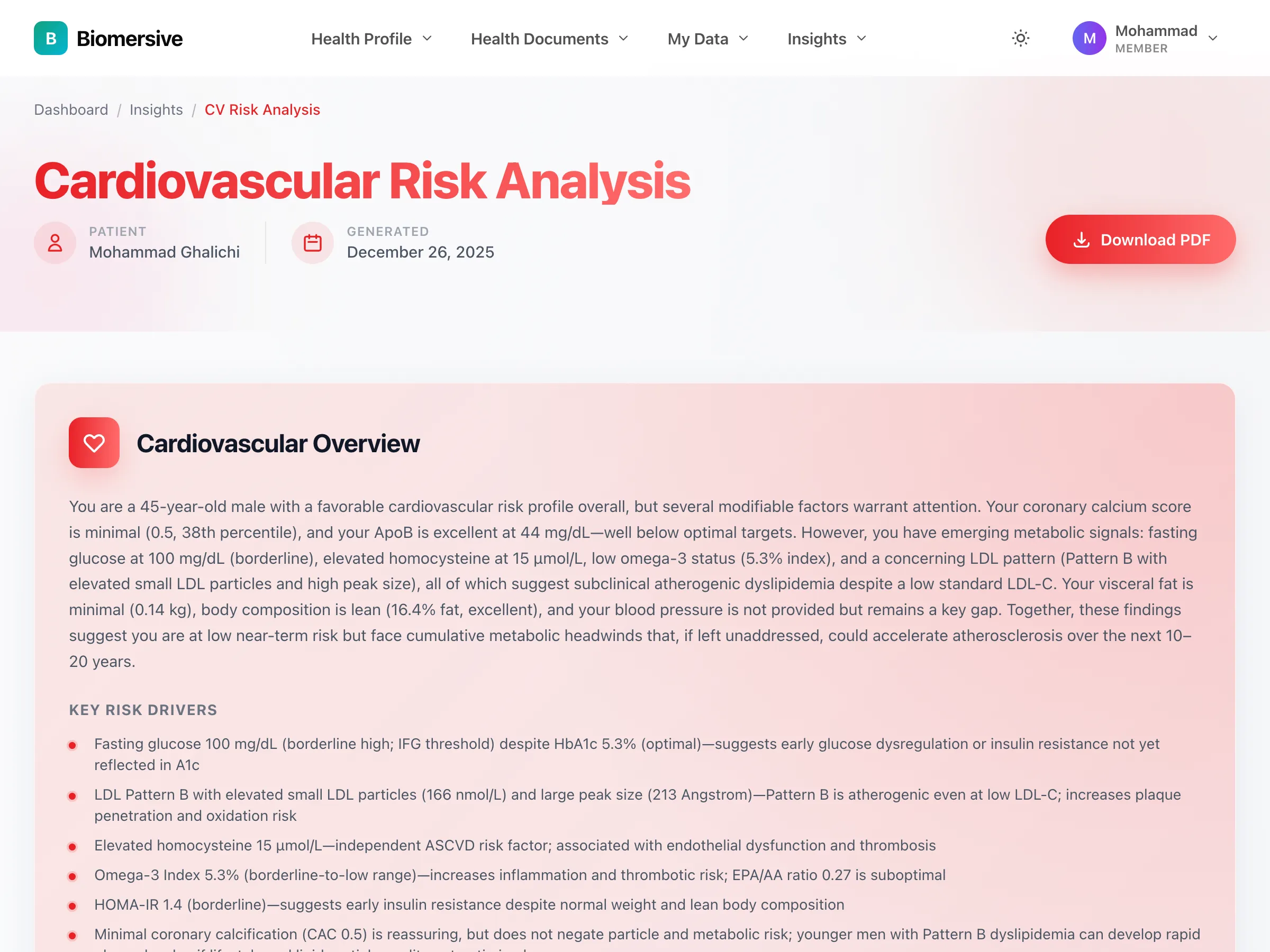 Detailed cardiovascular risk overview with key risk drivers and personalized action items